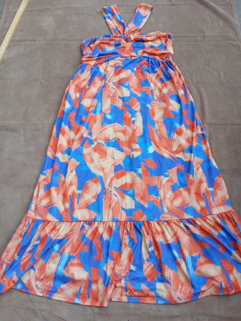 GRACE KARIN Criss Cross Halter Floral Maxi Dress Orange Blue Size L with Pockets - Picture 8 of 14